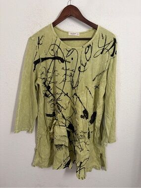 Jess & Jane XL Green Abstract Print Asymmetrical Tunic Top Artsy Lagenlook USA